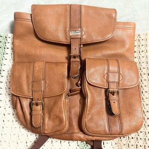 VTG Large 17” LL Bean Brown Pebbled Leather Maine Guide Rucksack Backpack Bag
